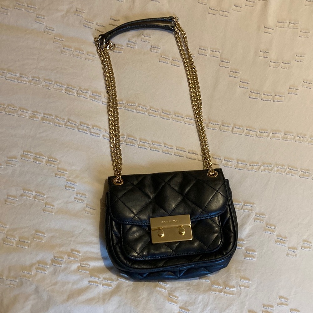 Michael Kors Black Leather Small Quilted Purse Gold Chain Crossbody Sloan Bag - Picture 5 of 15